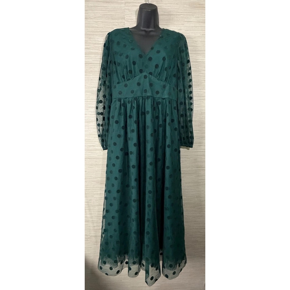 Boden Christina Tulle Midi Dress Womens 8R Green Polka Dot Long Sleeve NWT